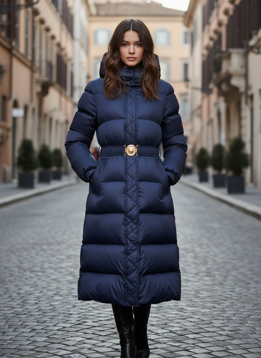 Piumino Lungo con Cappuccio e Cintura Elastica