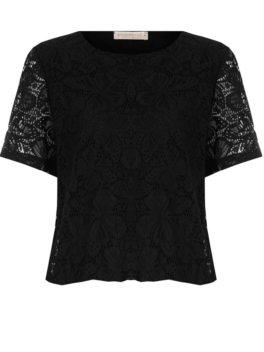 T-shirt a Palloncino in Pizzo Misto Cotone