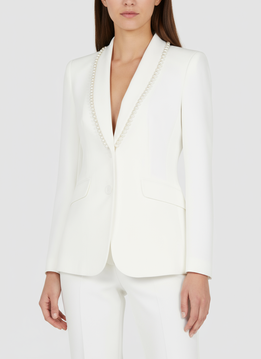 Giacca Blazer Sfiancata in Tessuto Tecnico con Perle su Revers