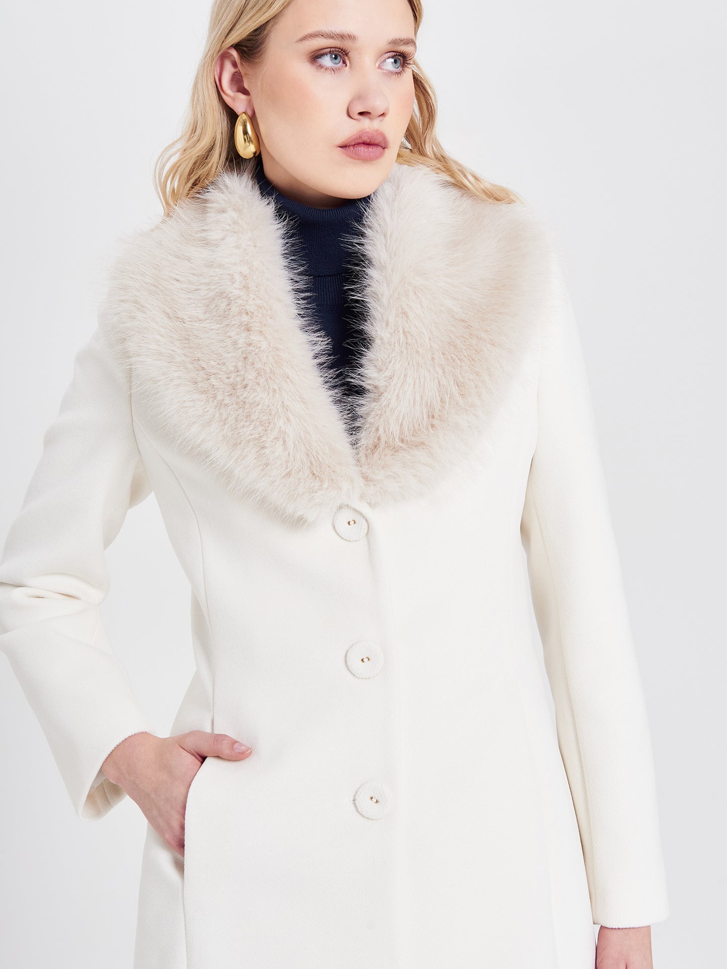 Cappotto con Collo effetto Pelliccia Removibile