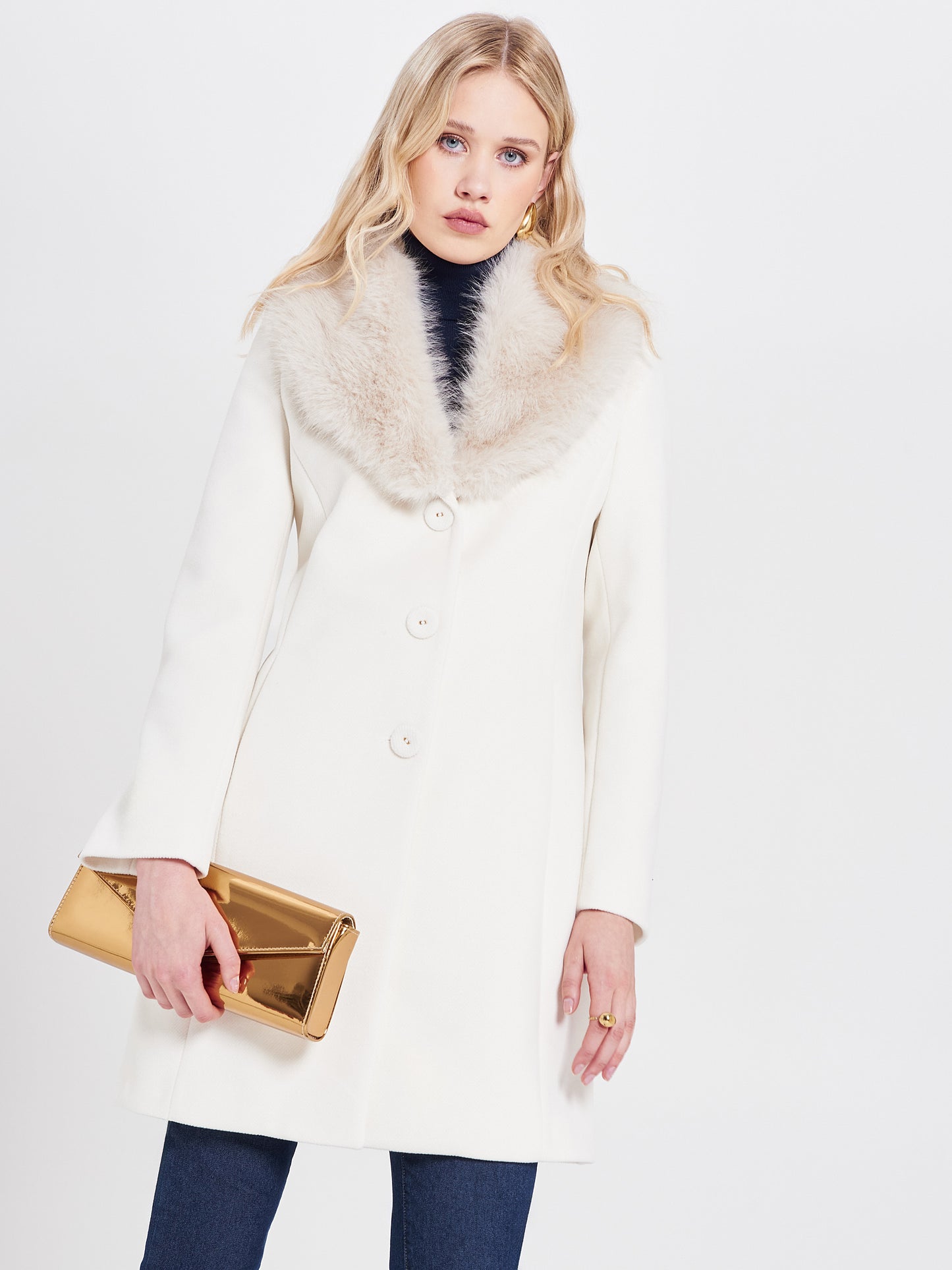 Cappotto con Collo effetto Pelliccia Removibile