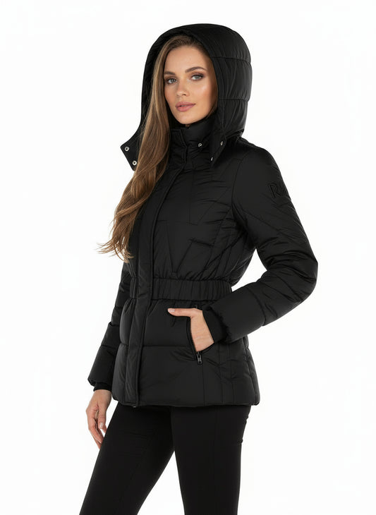 Piumino Corto Sfiancato con Cintura Elastica Coordinata e Cappuccio Rimovibile