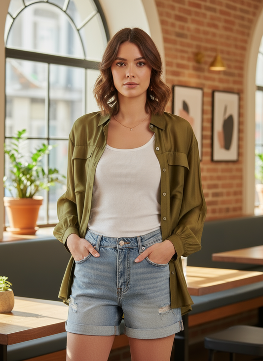 Camicia Ampia Semitrasparente con Tasche