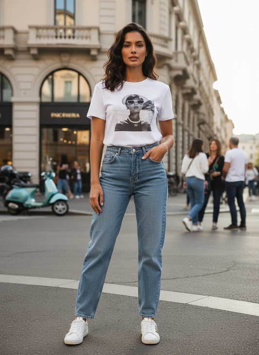 T-shirt Regular in Cotone con Stampa Donna con Collier in Perle