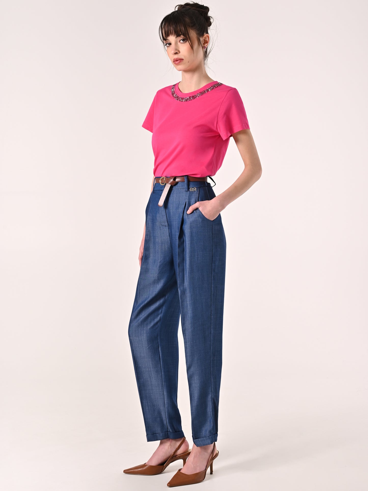 Pantaloni in Chambray con Cintura