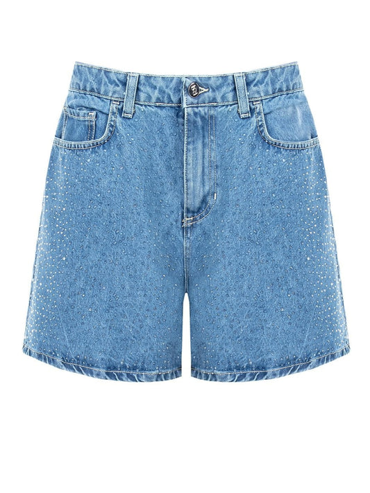 Pantaloni Corti Larghi in Denim con Strass