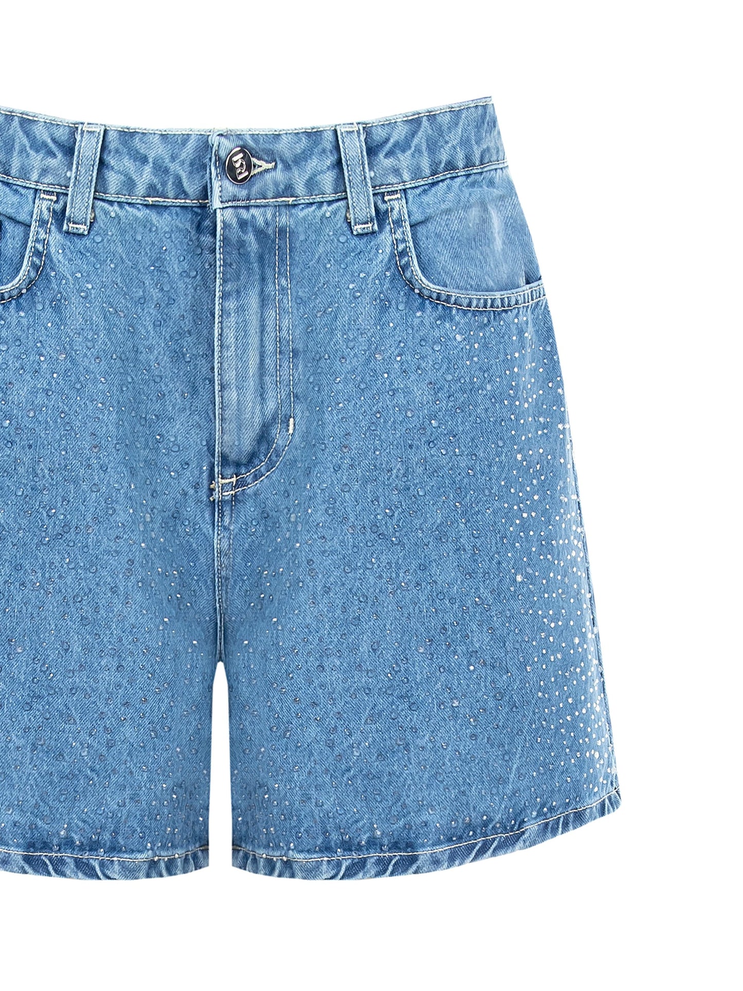 Pantaloni Corti Larghi in Denim con Strass