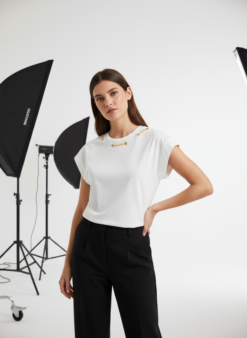 T-shirt Regular in Cotone con Occhielli e Catena nel Girocollo