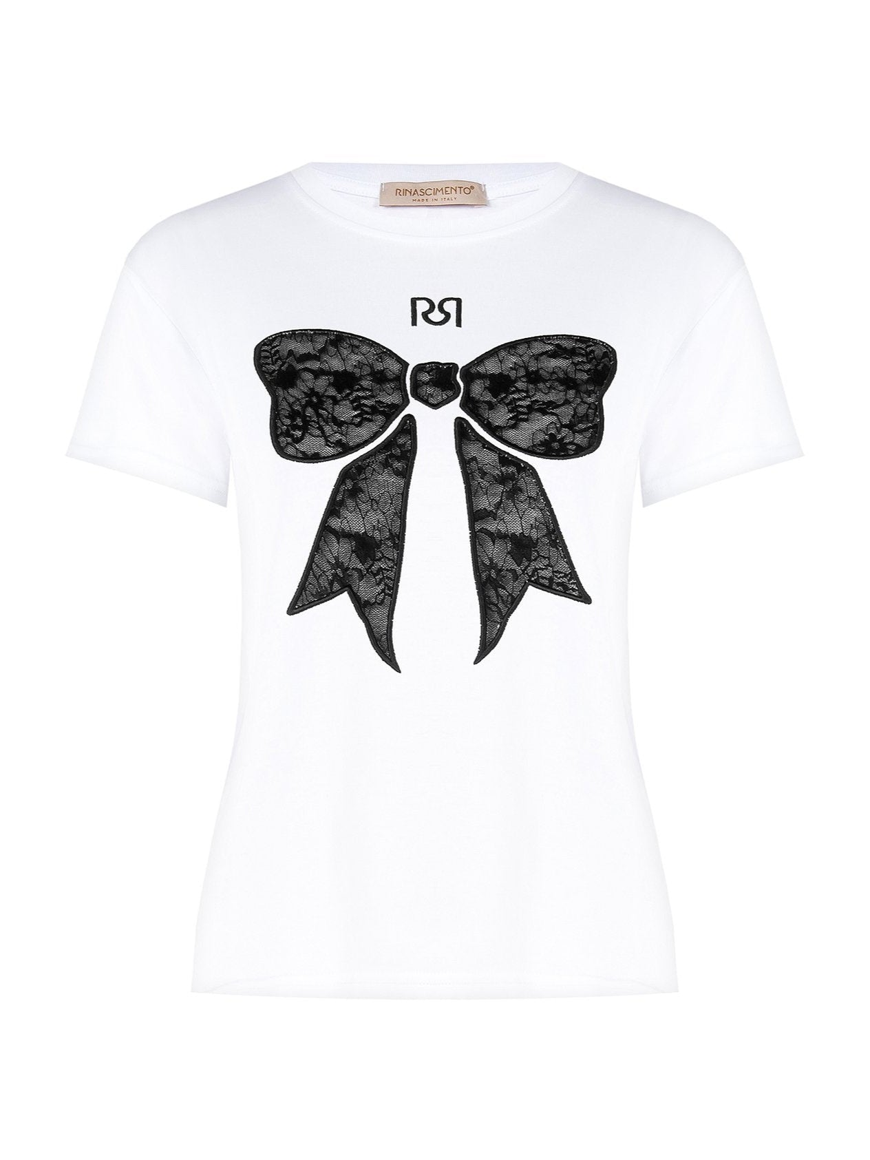 T-shirt Regular in Cotone con Fiocco in Pizzo e Logo RR Ricamati