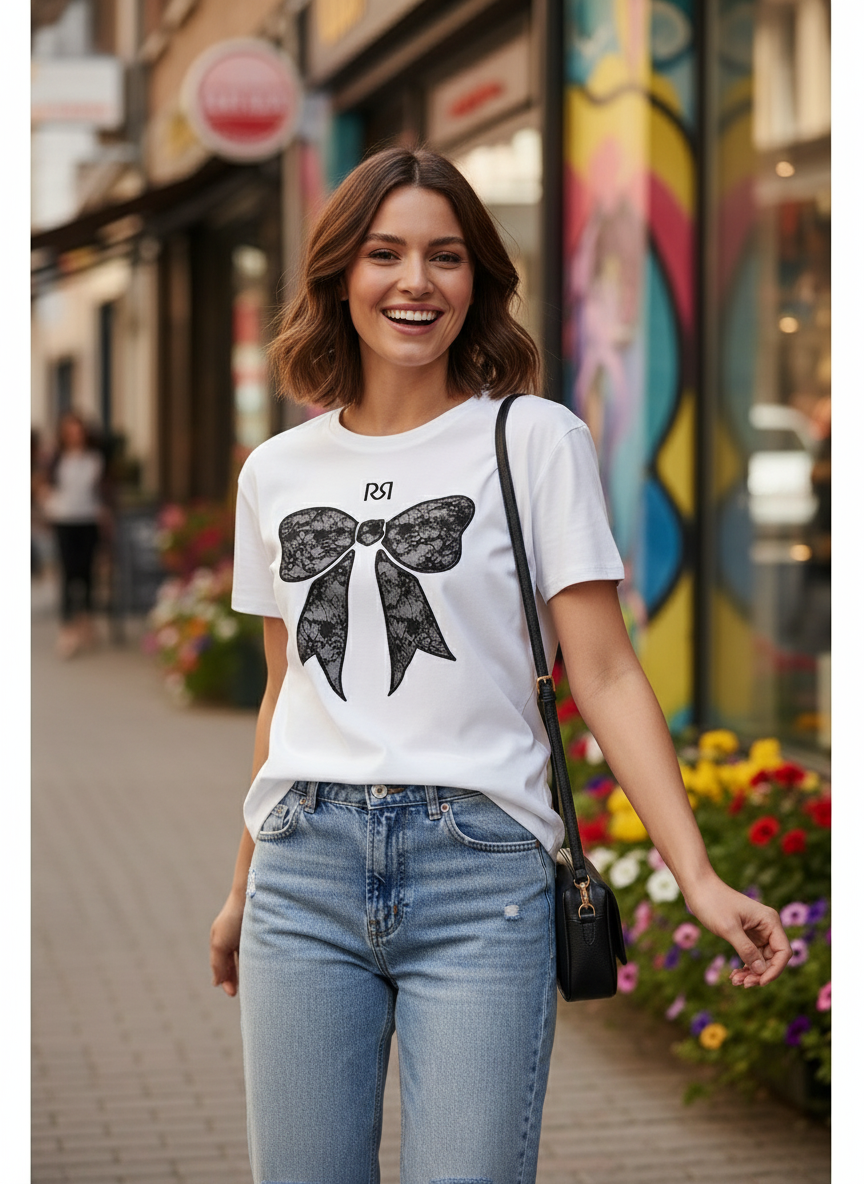T-shirt Regular in Cotone con Fiocco in Pizzo e Logo RR Ricamati