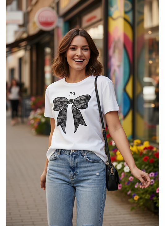 T-shirt Regular in Cotone con Fiocco in Pizzo e Logo RR Ricamati