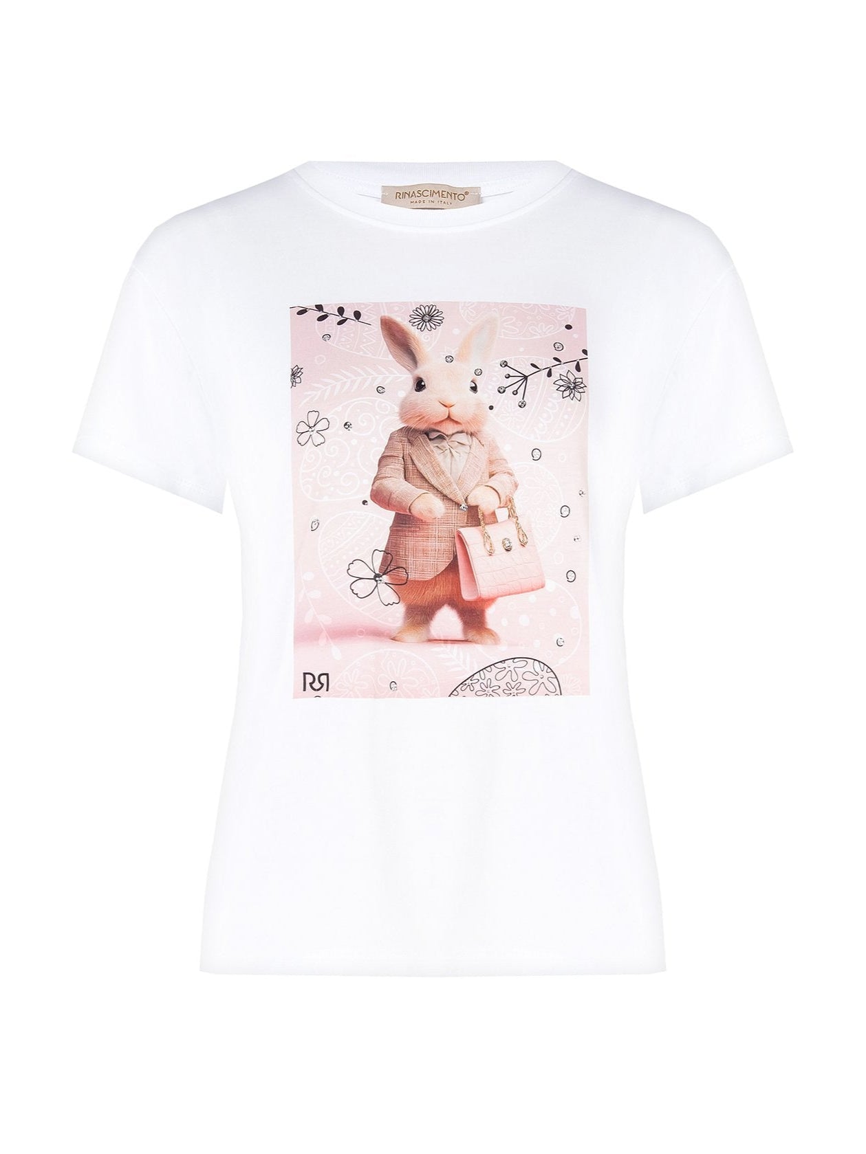 T-shirt Regular in Cotone con Stampa Bunny e Strass
