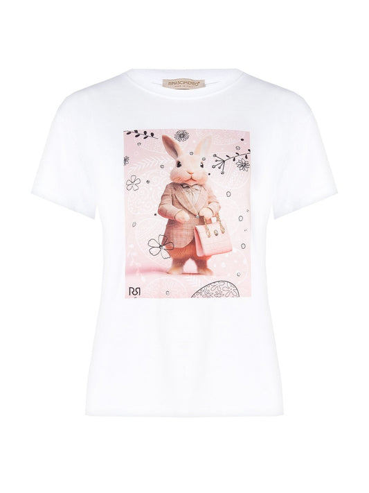 T-shirt Regular in Cotone con Stampa Bunny e Strass