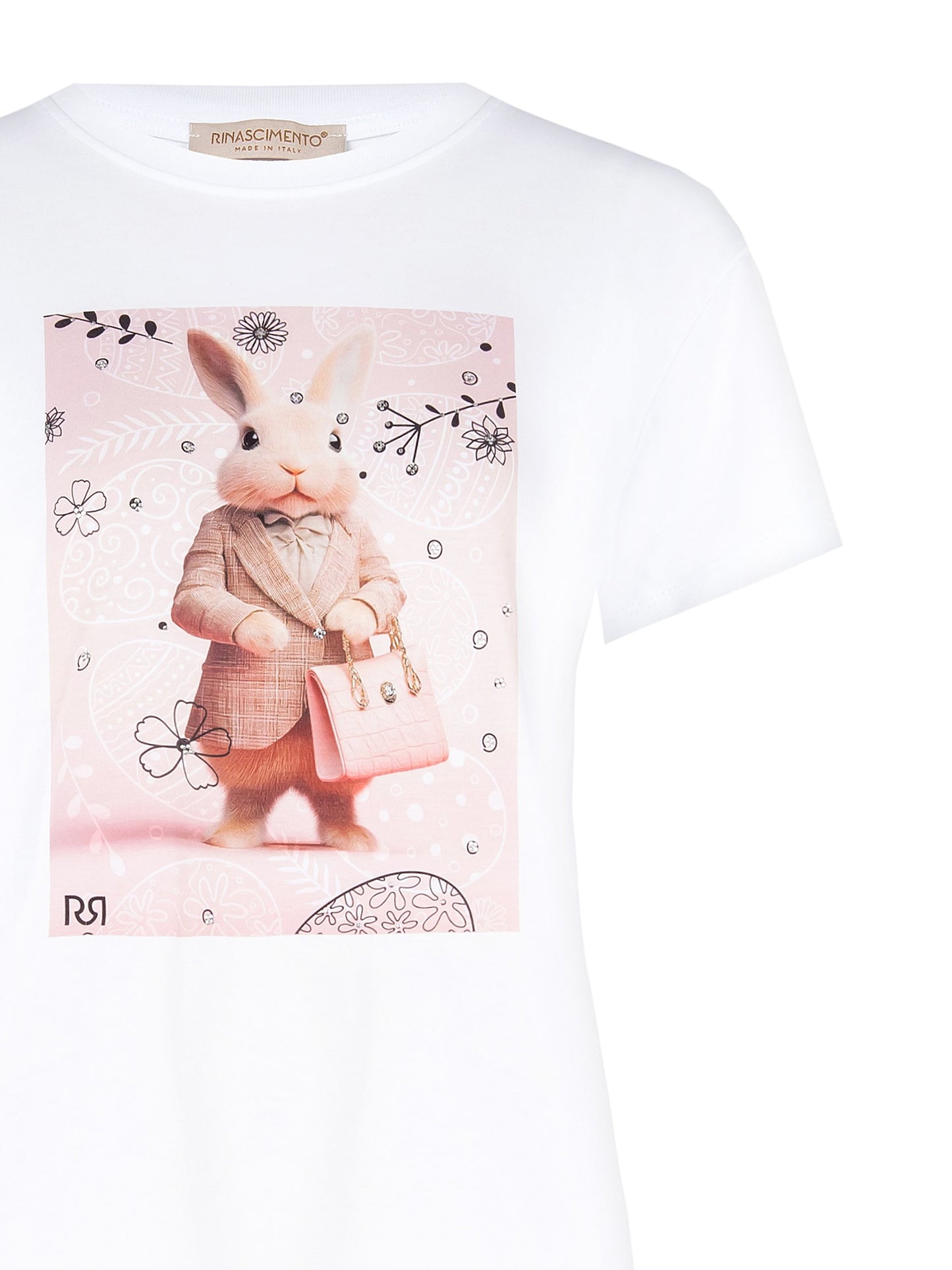 T-shirt Regular in Cotone con Stampa Bunny e Strass