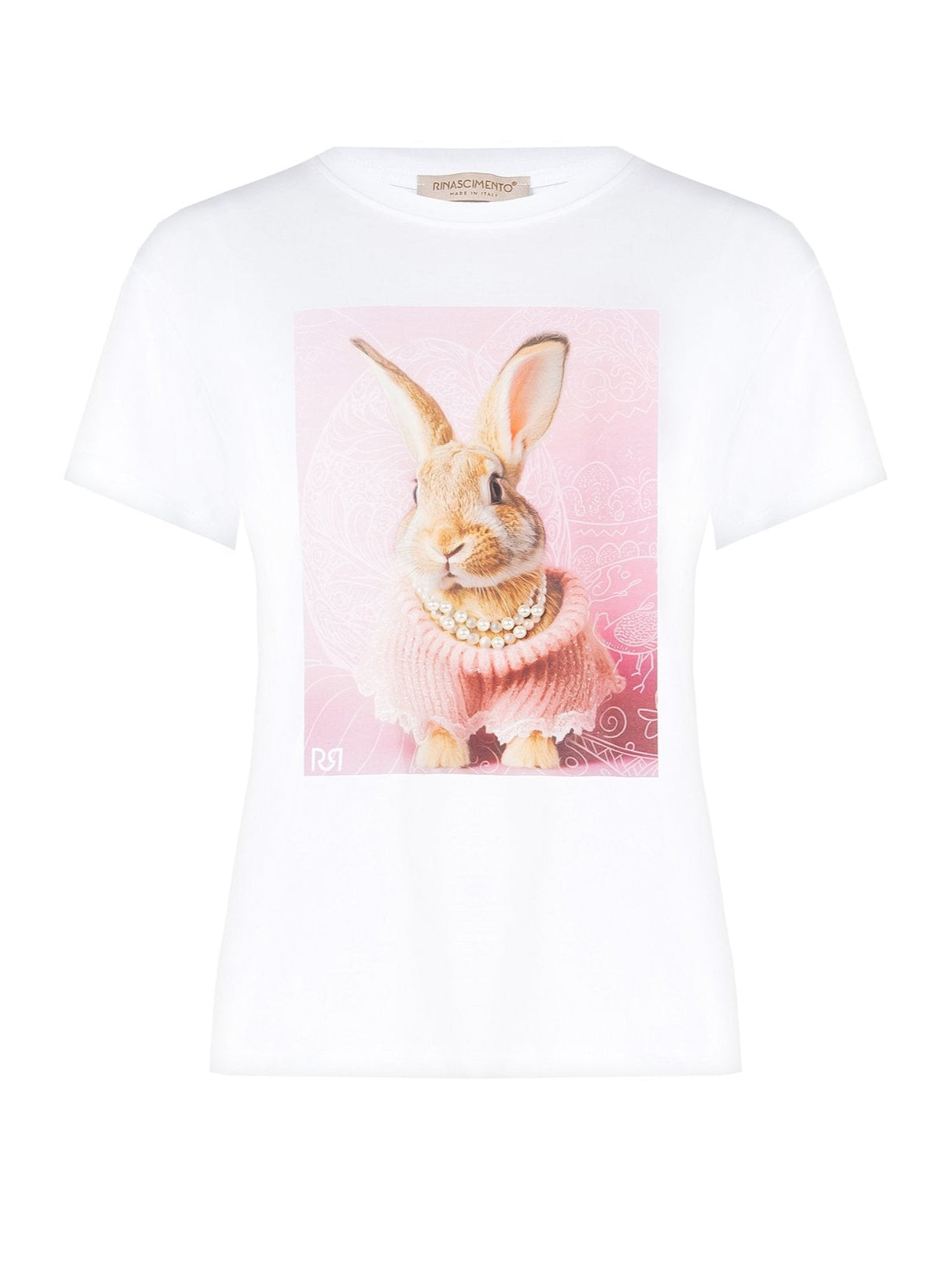 T-shirt Ampia in Cotone con Stampa Bunny e Perle