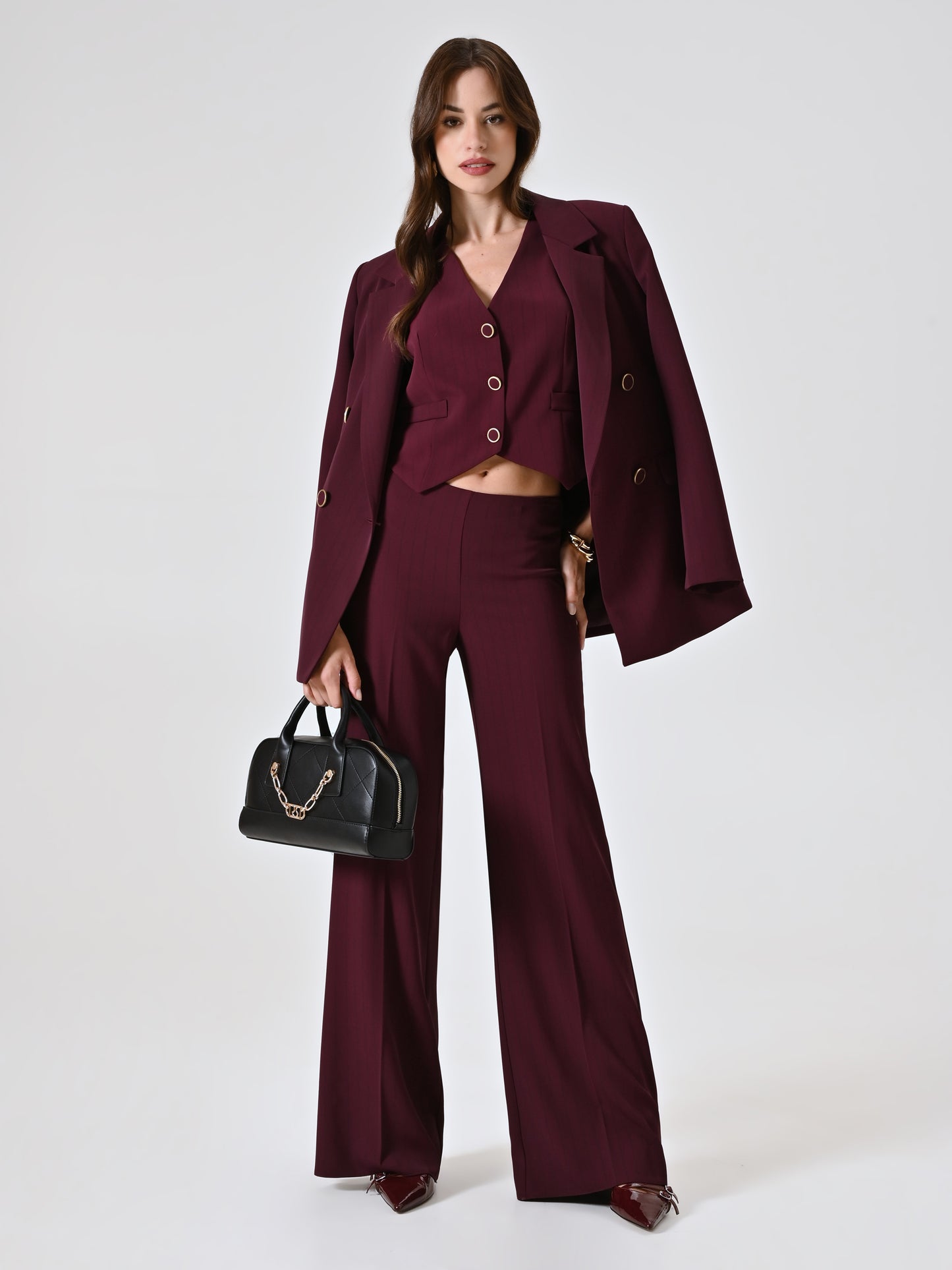 Pantaloni Bordeaux con Riga Nera Donna