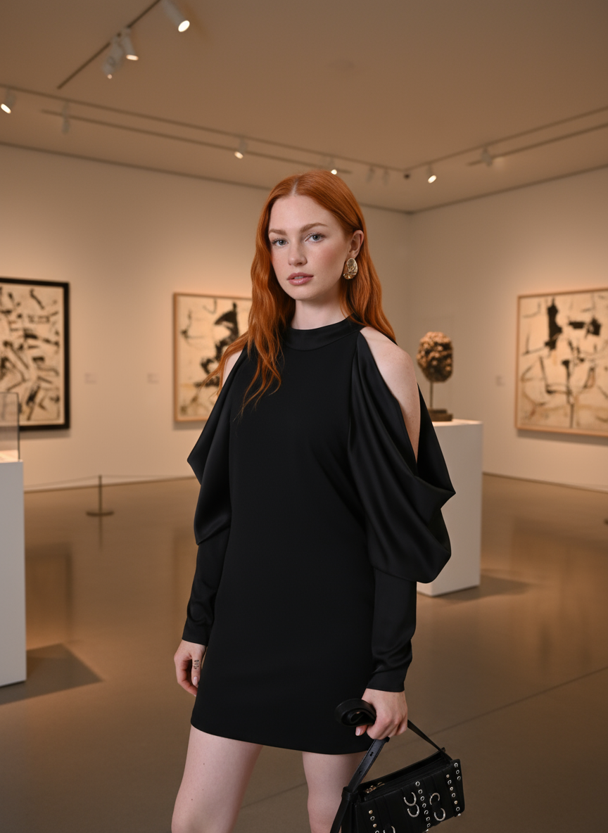 Abito Nero con Maniche in Raso