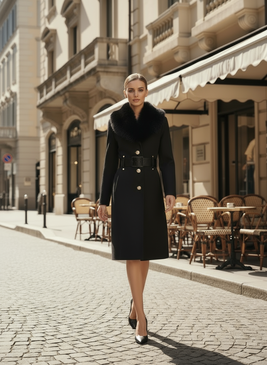 Cappotto misto viscosa con collo effetto pelliccia