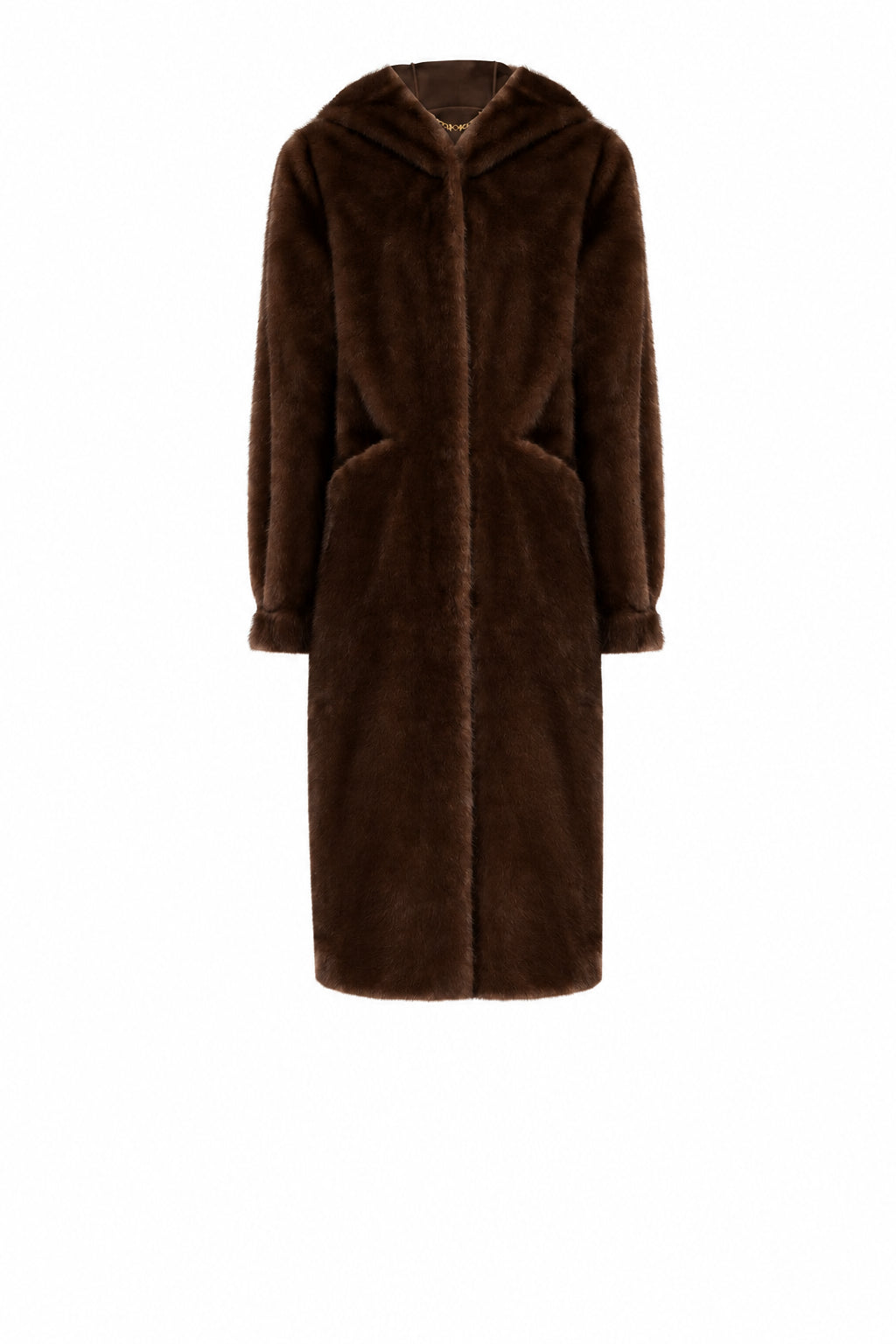 Cappotto Lungo con Cappuccio in Morbida Pelliccia Sintetica e Tasche a Filo