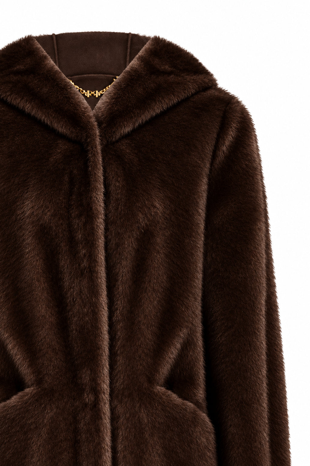 Cappotto Lungo con Cappuccio in Morbida Pelliccia Sintetica e Tasche a Filo
