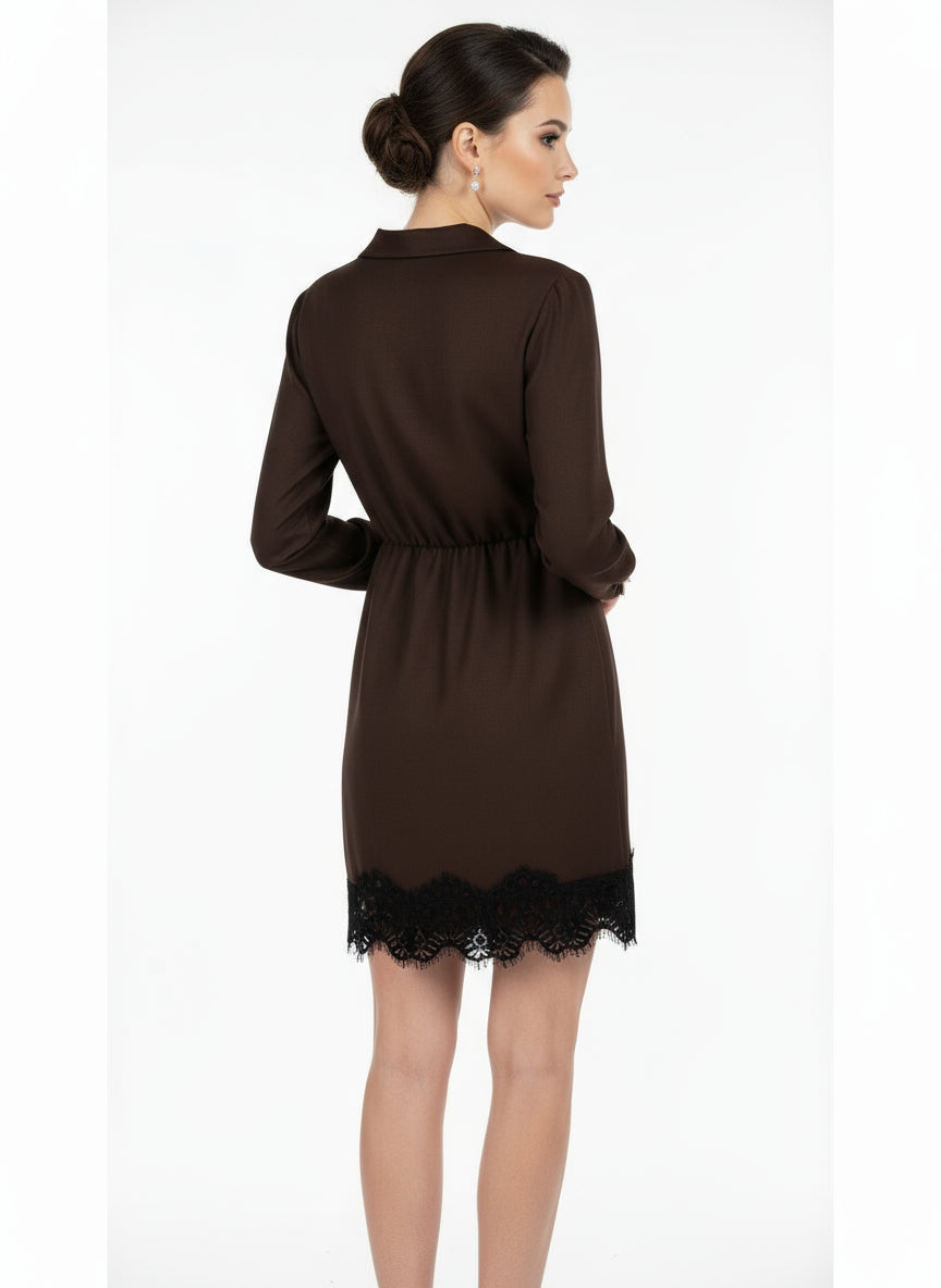 Abito Corto Incrociato in Misto Viscosa con Scollo a V e Pizzo