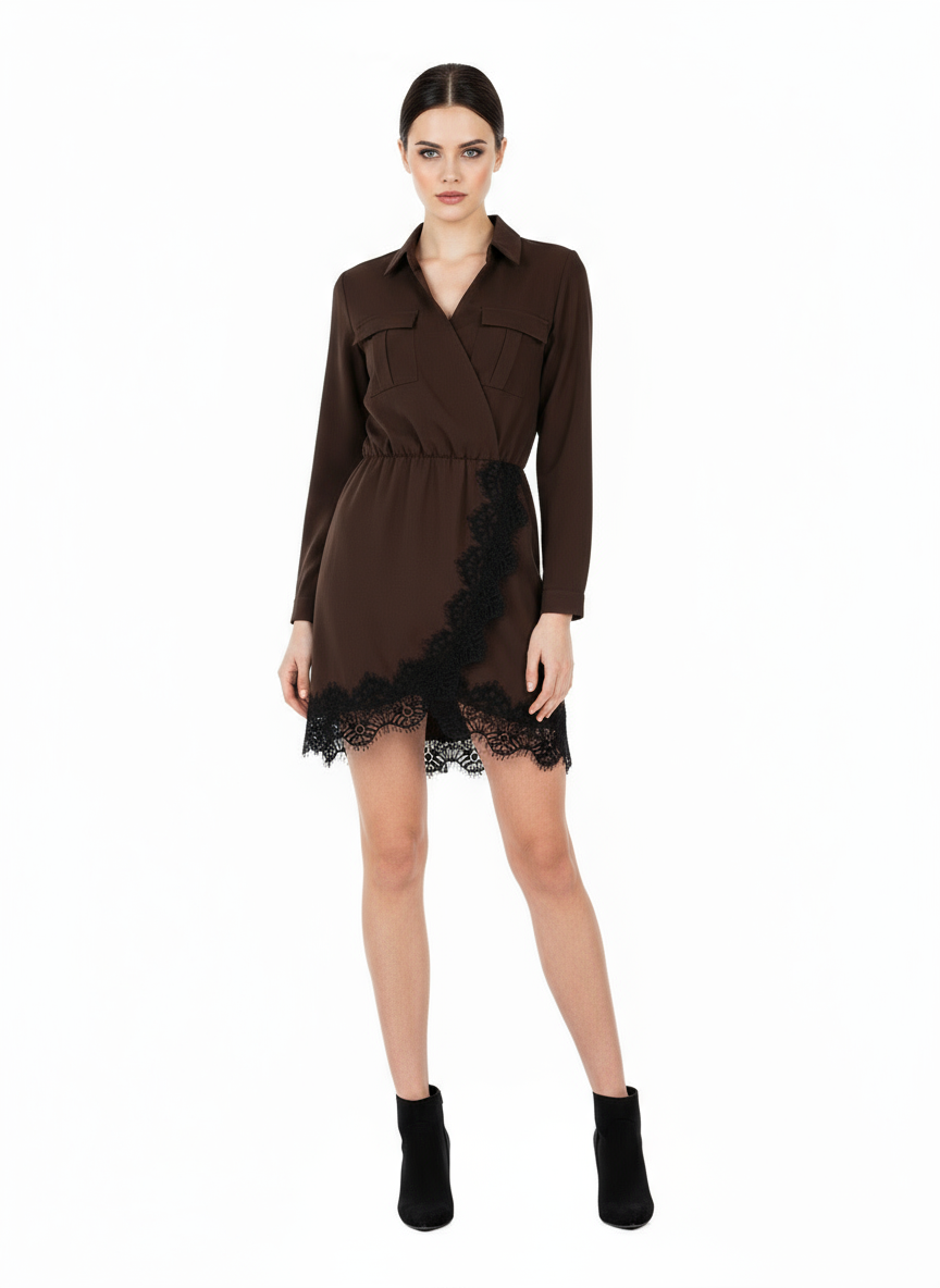 Abito Corto Incrociato in Misto Viscosa con Scollo a V e Pizzo