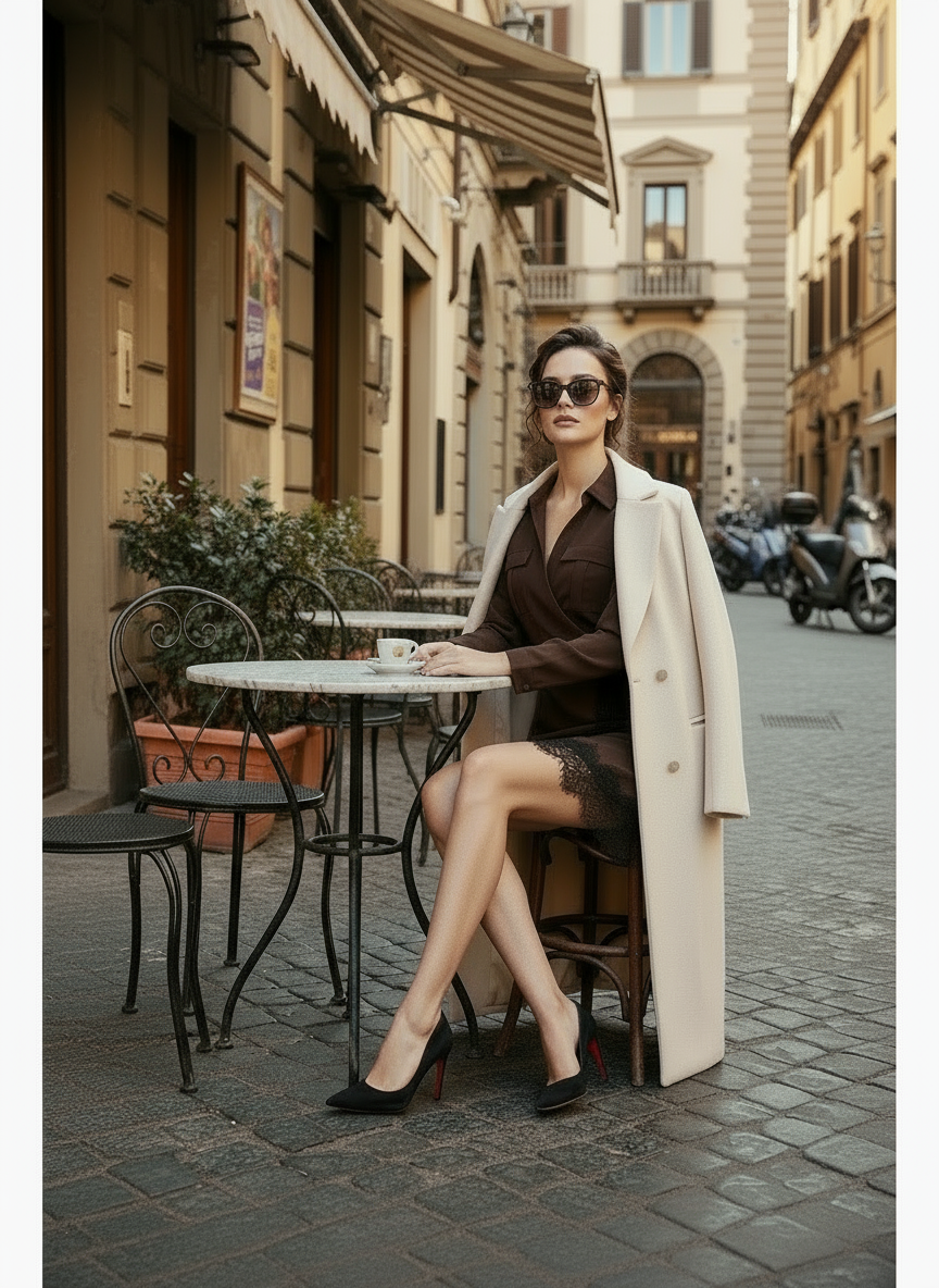 Abito Corto Incrociato in Misto Viscosa con Scollo a V e Pizzo