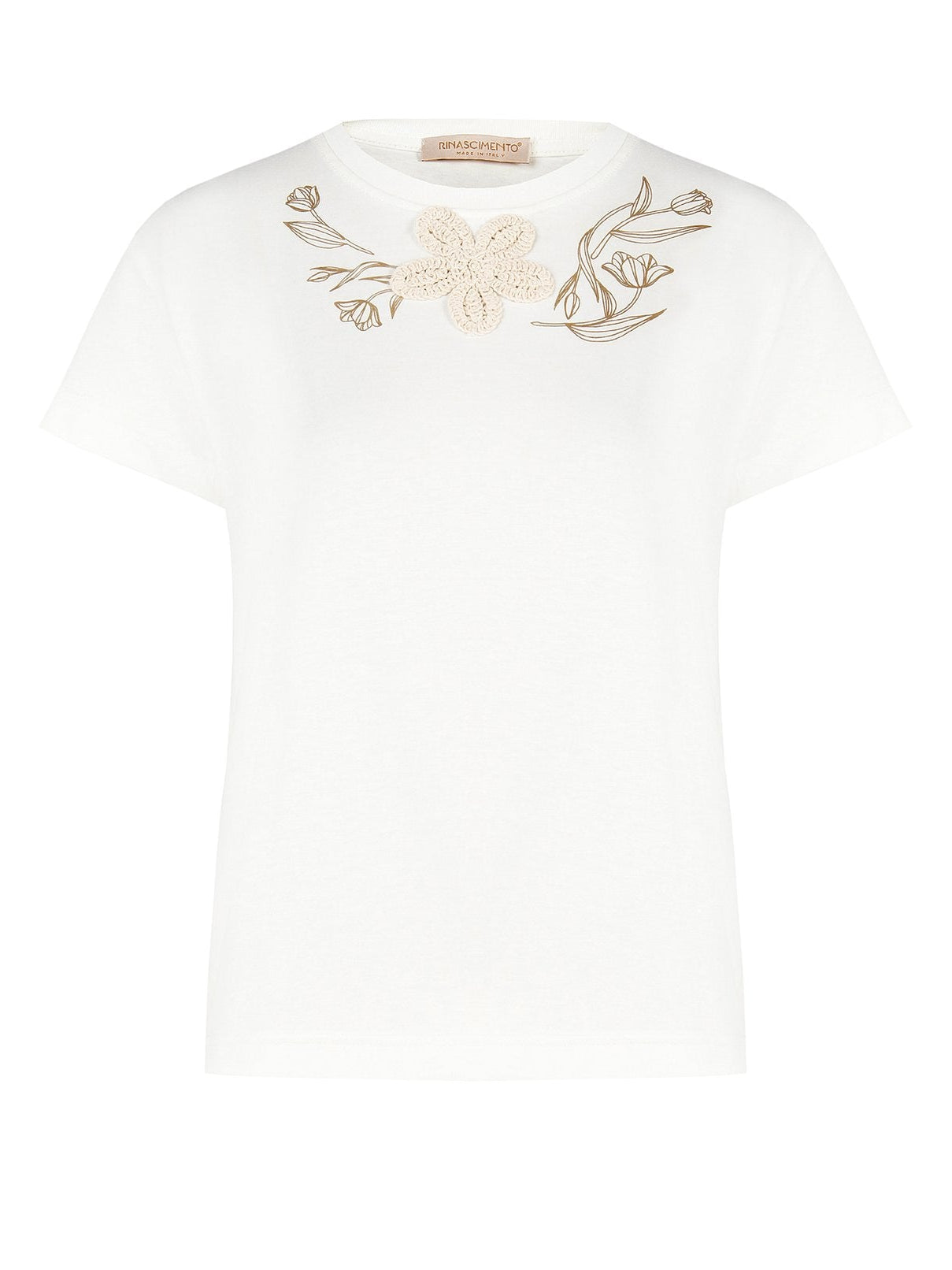 T-shirt Regular in Cotone con Fiore Crochet e Tulipani Laminati