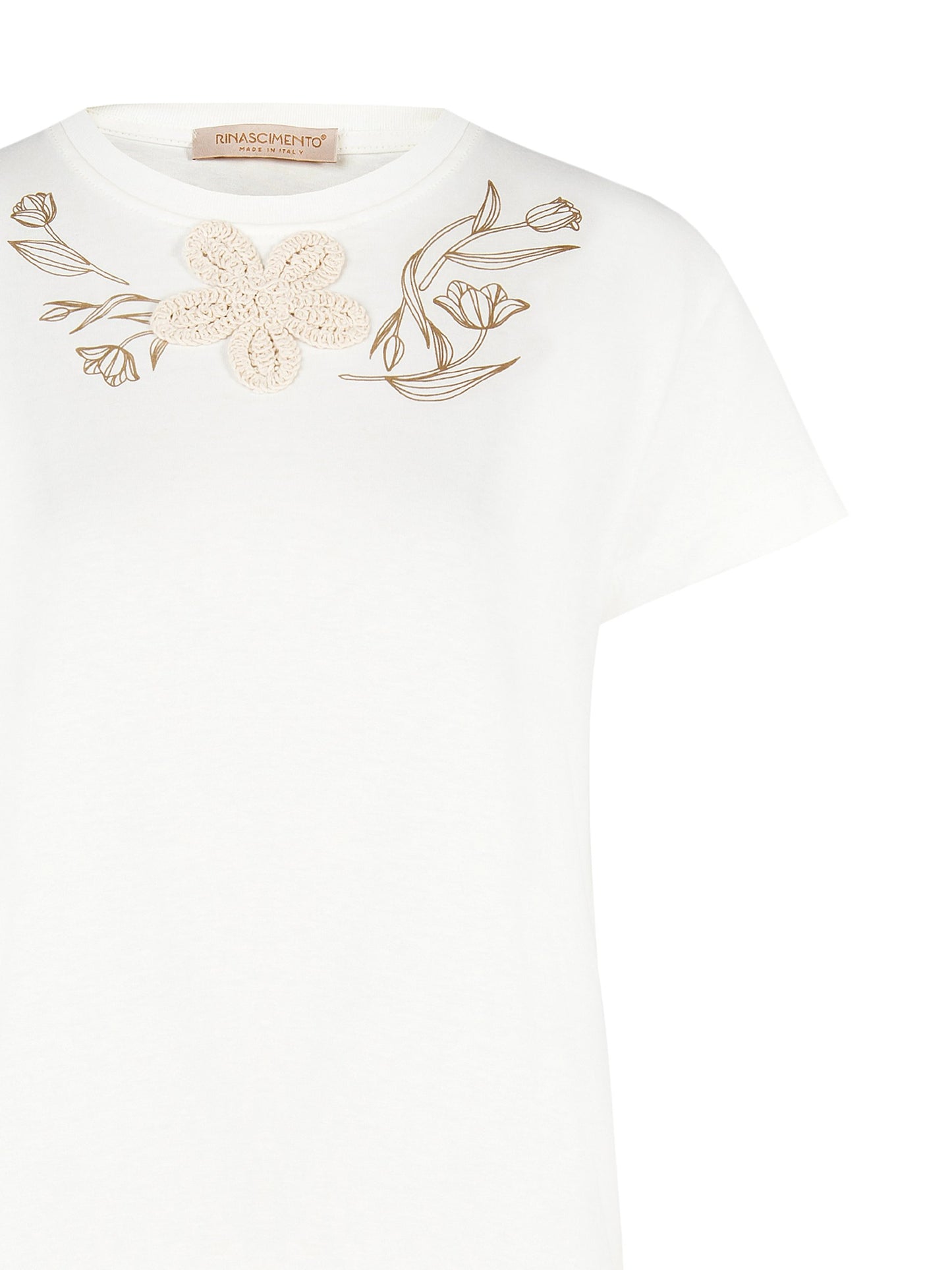T-shirt Regular in Cotone con Fiore Crochet e Tulipani Laminati