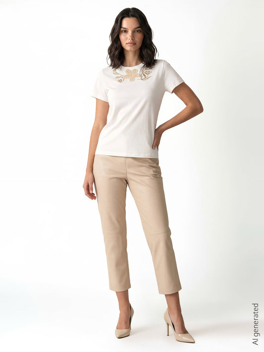 T-shirt Regular in Cotone con Fiore Crochet e Tulipani Laminati
