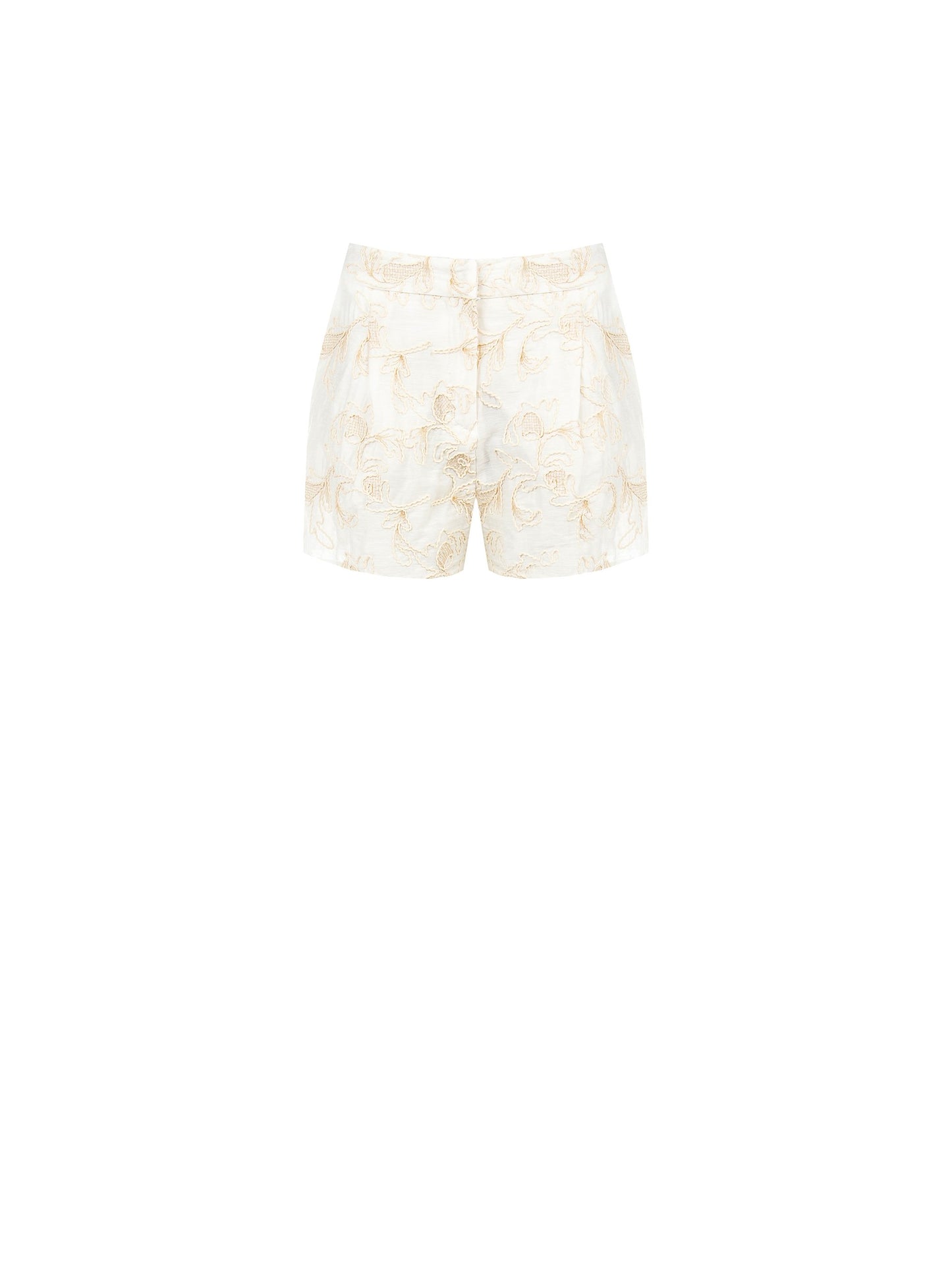 Short in Misto Viscosa e Lino con Ricami a Fiori in Rilievo