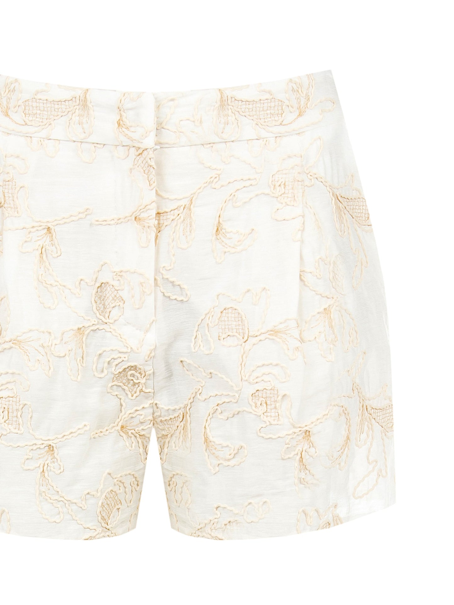 Short in Misto Viscosa e Lino con Ricami a Fiori in Rilievo