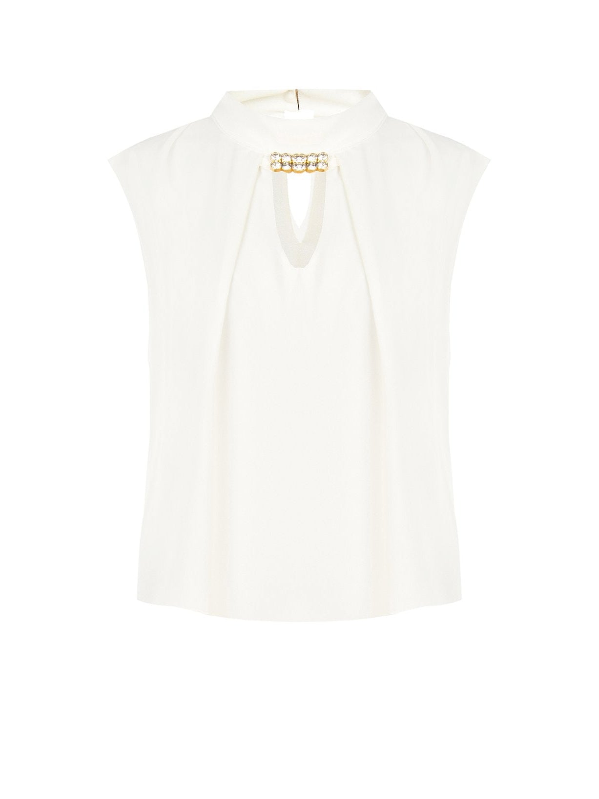 Blusa Smanicata con Collo Alto e Dettaglio Gioiello