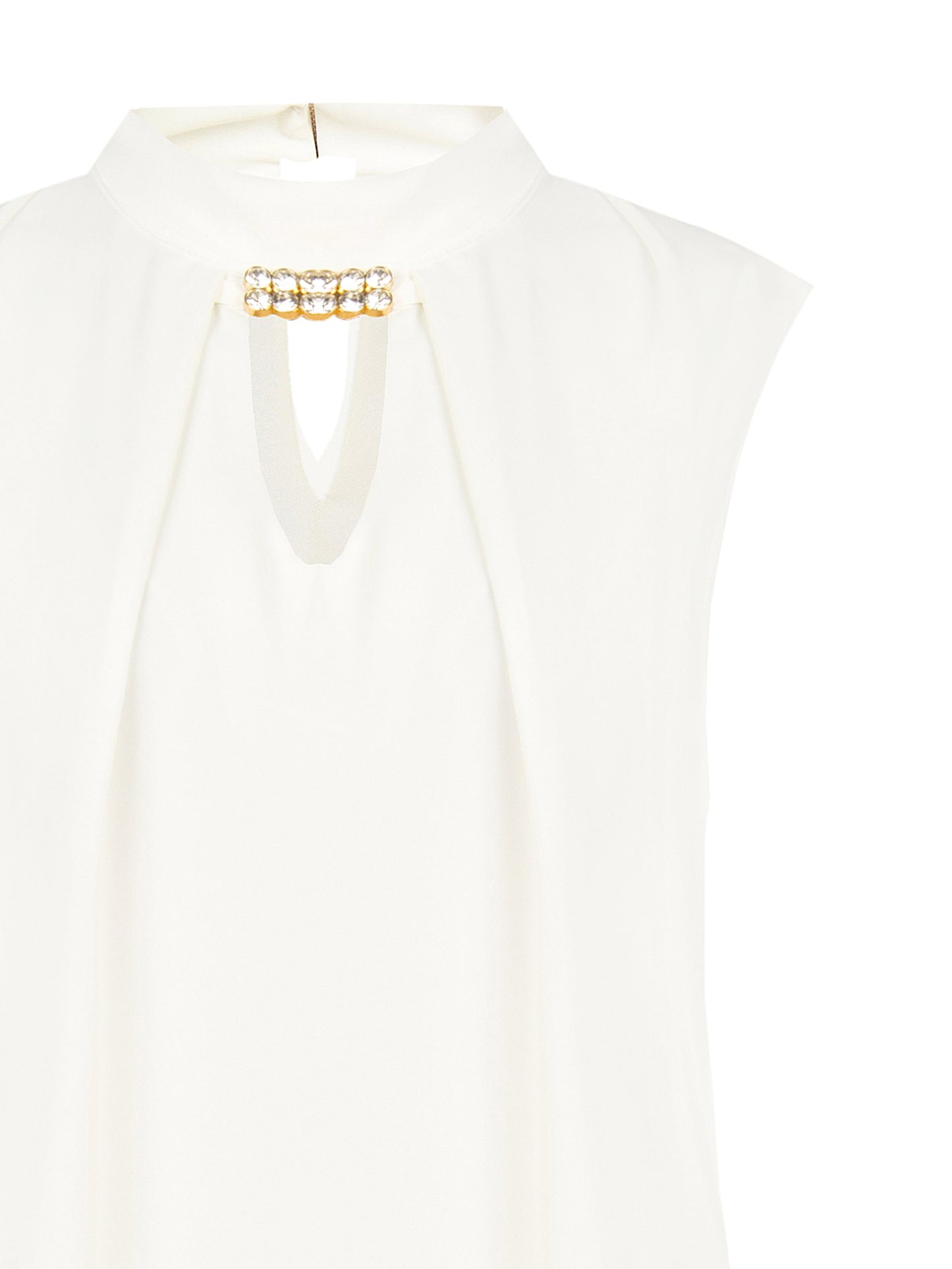 Blusa Smanicata con Collo Alto e Dettaglio Gioiello