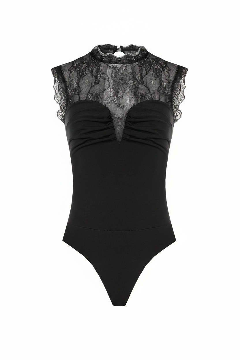 Body Aderente in Maglina con Inserto in Pizzo Chantilly