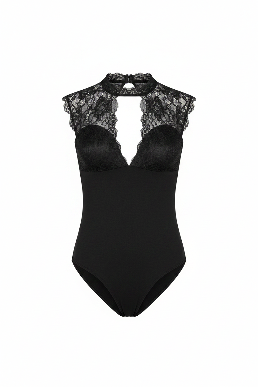 Body Aderente in Maglina con Inserto in Pizzo Chantilly
