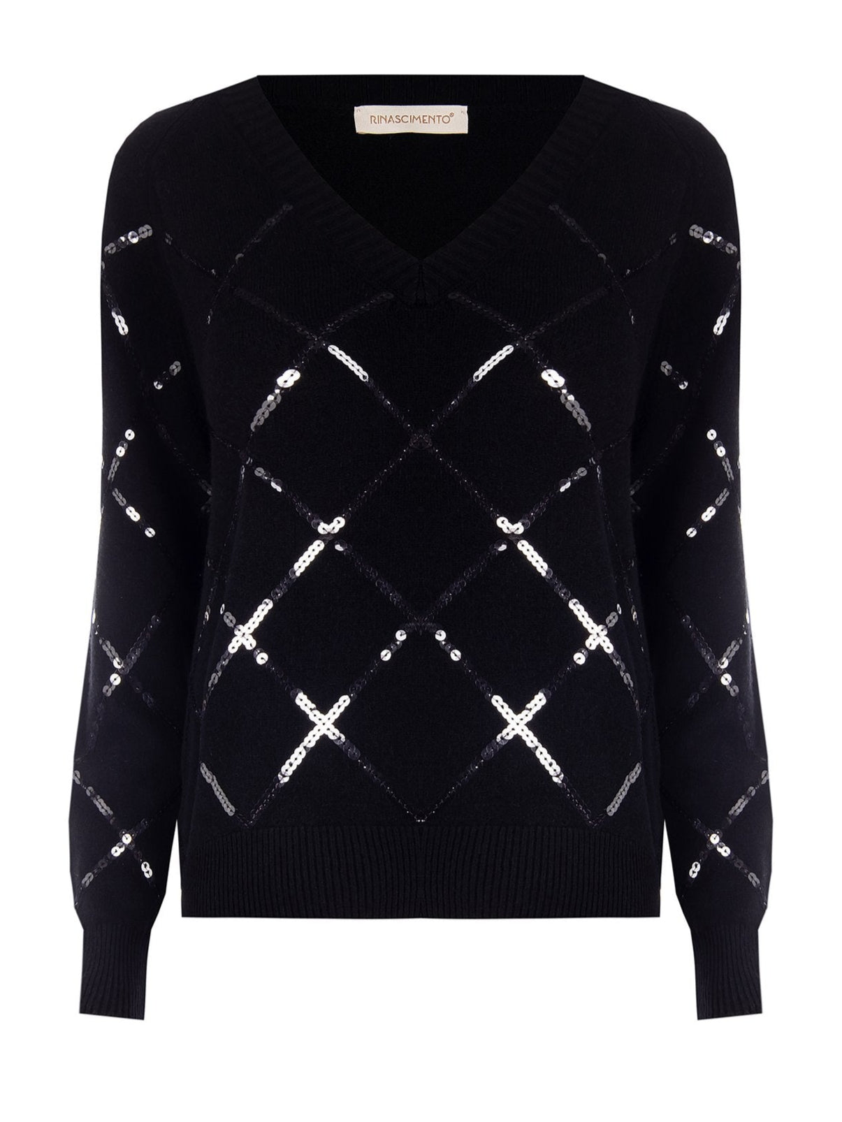 Maglione a Rombi in Strass con Scollo a V