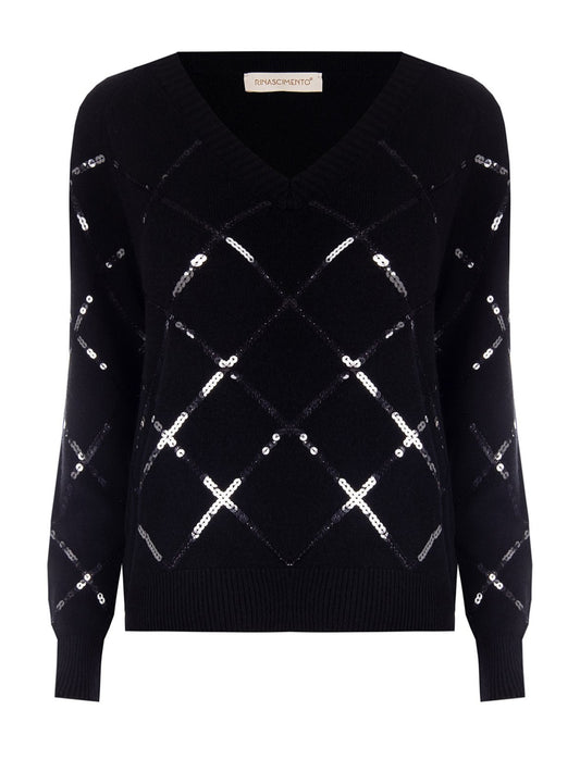 Maglione a Rombi in Strass con Scollo a V