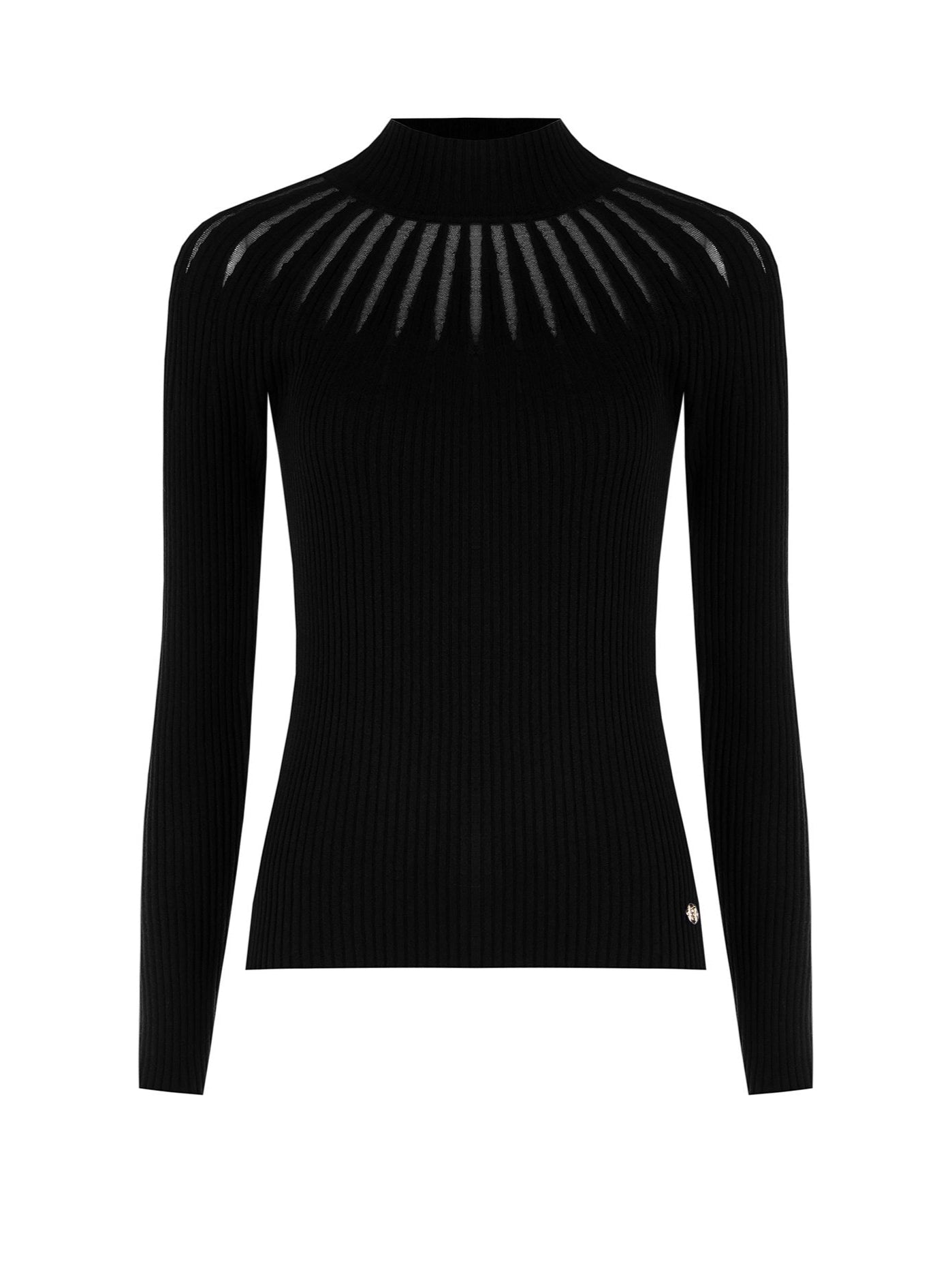 Maglione Aderente a Coste con Girocollo Traforato e Tulle e Targhetta Logo RR