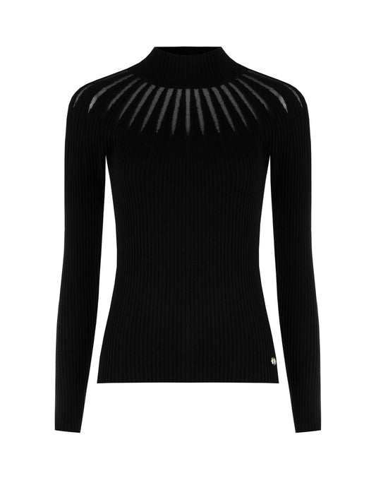 Maglione Aderente a Coste con Girocollo Traforato e Tulle e Targhetta Logo RR