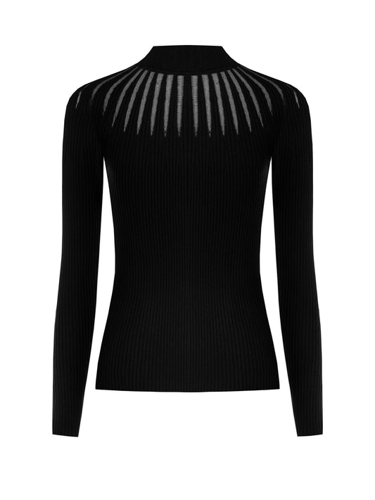 Maglione Aderente a Coste con Girocollo Traforato e Tulle e Targhetta Logo RR