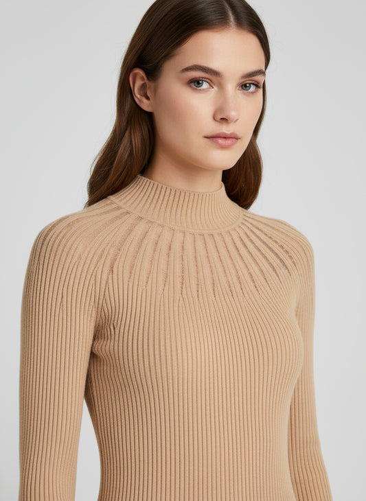 Maglione Aderente a Coste con Girocollo Traforato e Tulle e Targhetta Logo RR