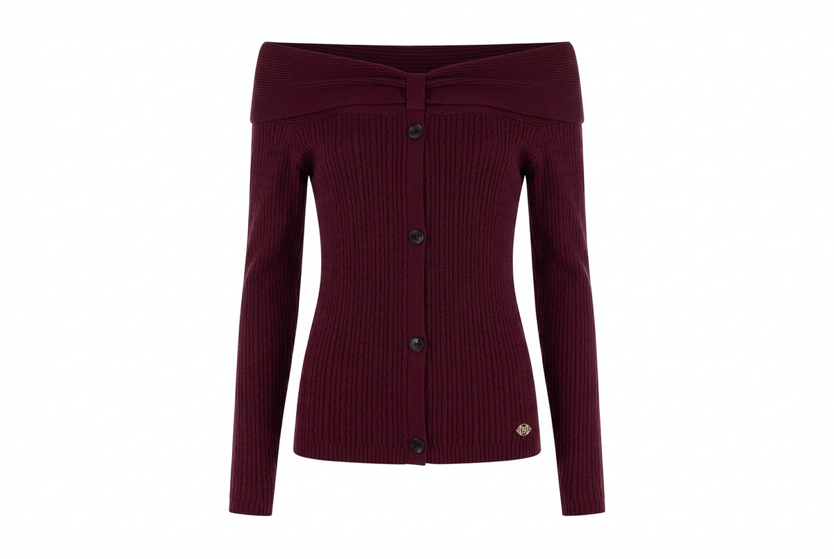 Maglione Aderente a Coste a Spalle Scoperte con Targhetta Logo RR