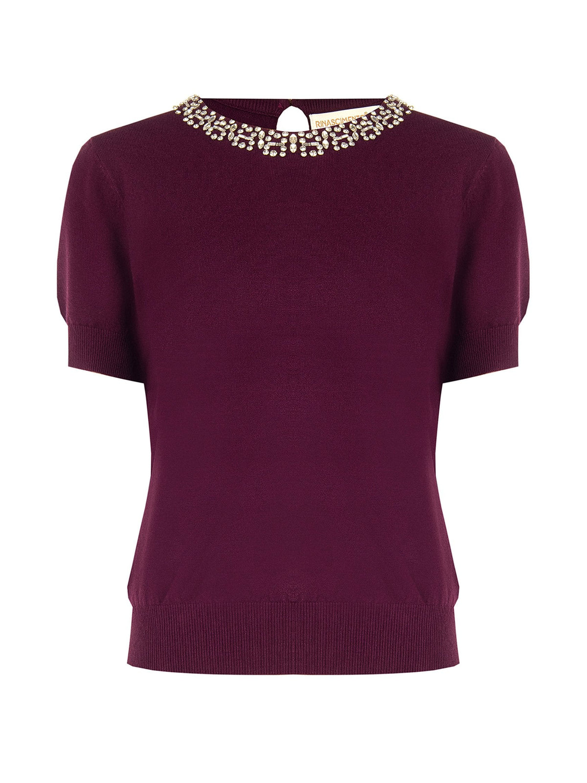 Maglione a Maniche Corte in Misto Viscosa con Cristalli Cabochon
