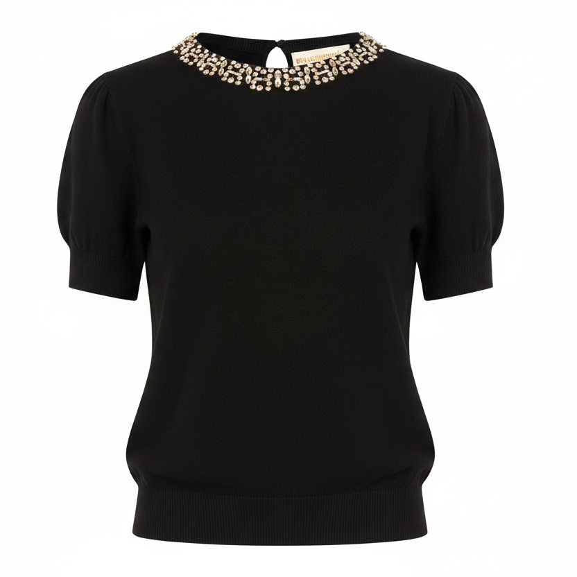 Maglione a Maniche Corte in Misto Viscosa con Cristalli Cabochon