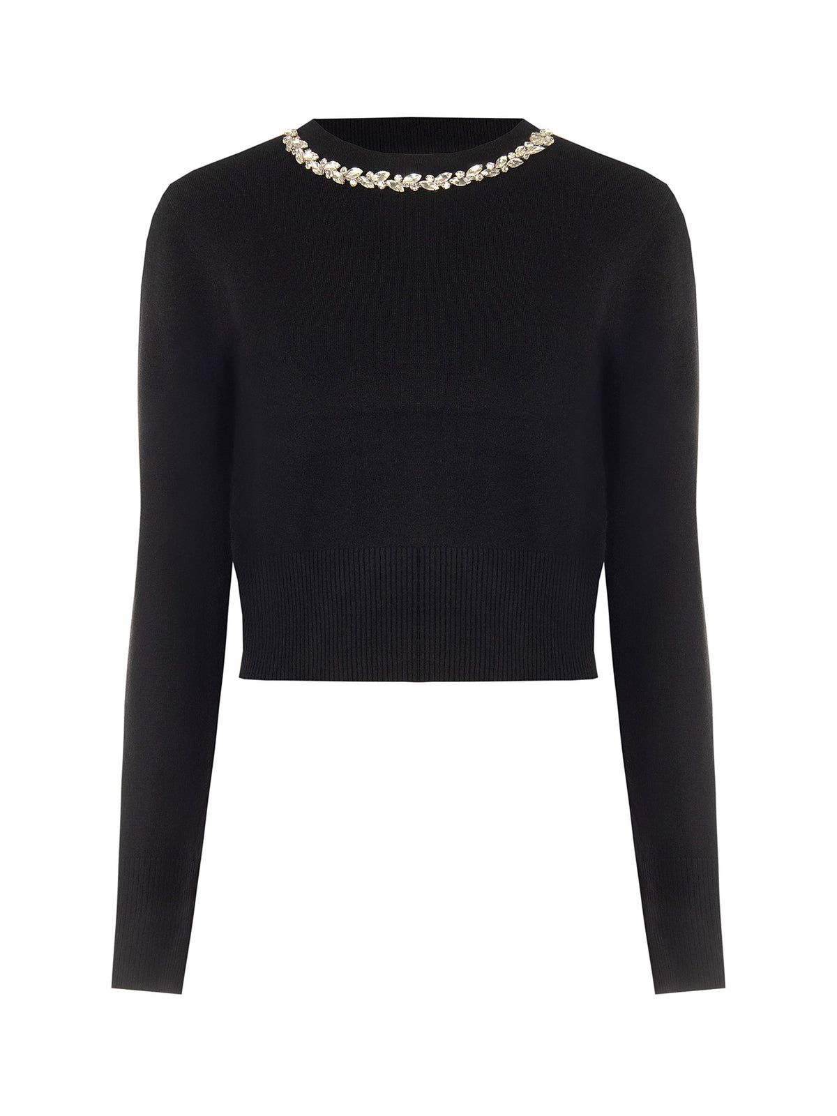 Maglione Crop in Misto Viscosa con cristalli Cabochon sul Girocollo