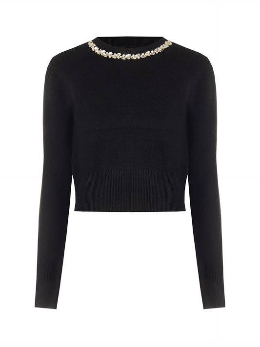 Maglione Crop in Misto Viscosa con cristalli Cabochon sul Girocollo