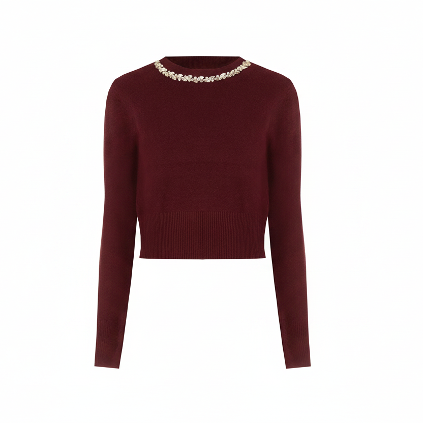 Maglione Crop in Misto Viscosa con cristalli Cabochon sul Girocollo