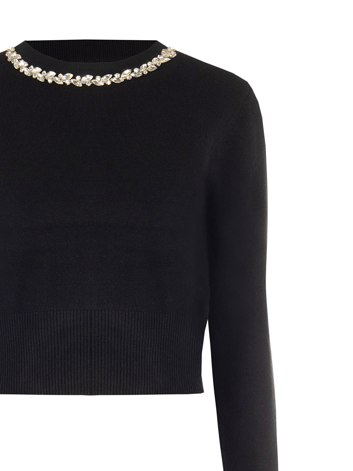 Maglione Crop in Misto Viscosa con cristalli Cabochon sul Girocollo