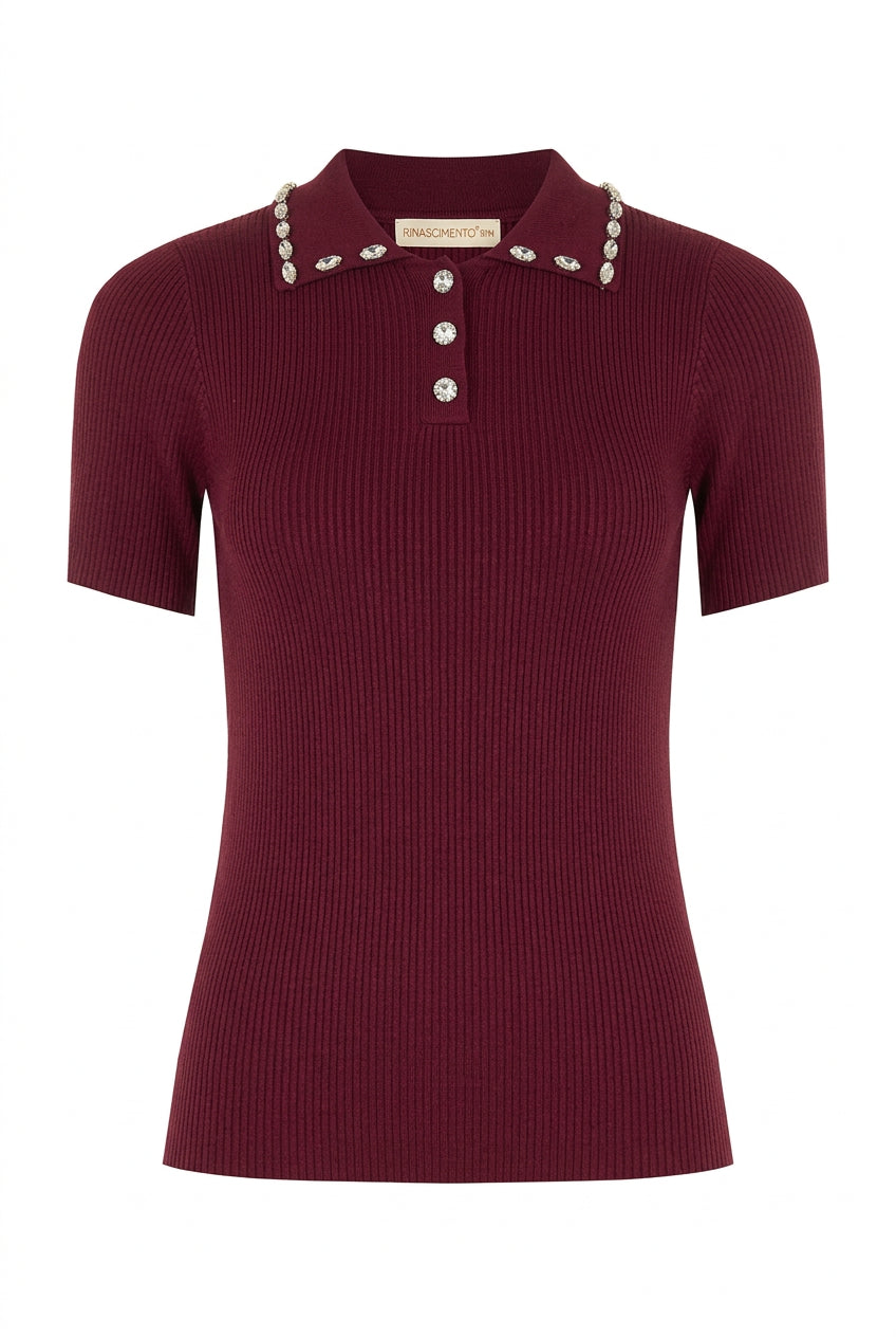 Maglia Polo a Coste in Misto Viscosa con Cristalli Cabochon